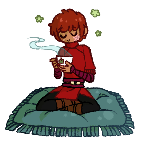 Orion sitting on a green pillow cross legged holding a cup of hot tea